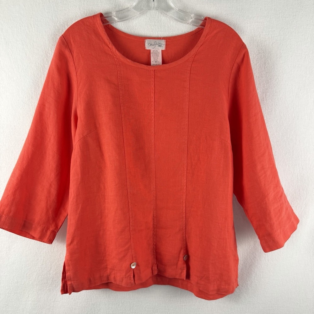 VTG 100% Linen Blouse Sz S‎ Coral Orange Laganlook Spring Cottage Coastal USA